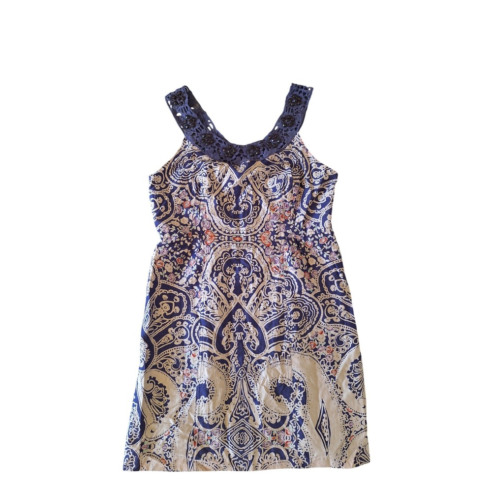 Free People Womens Purple Paisley Beaded Crochet Trim Cotton Mini Dress Size 12